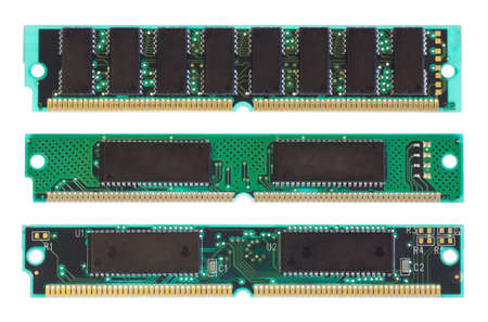 Photograph of three different chipboards of RAM isolated on white