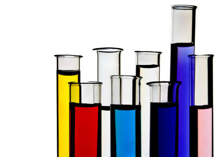 Photograph of few test tubes containing different coloured liquidsの写真素材