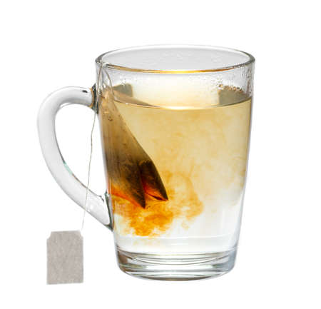 Teabag in the cup with hot water against white backgroundの写真素材