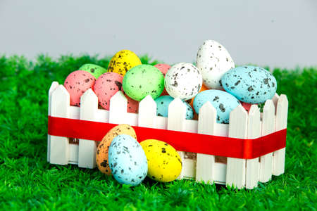 Coloured eggs in a fence box on grassの写真素材