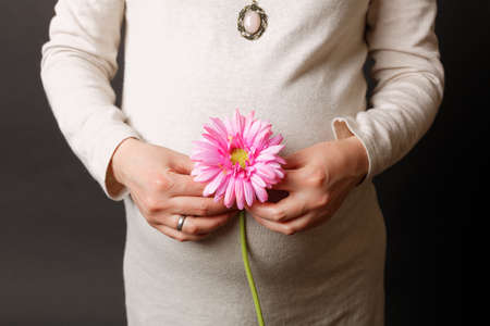 pregnant woman with pink flowerの写真素材