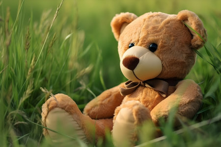 Teddy bear sitting on the grass in the meadow at sunsetの素材