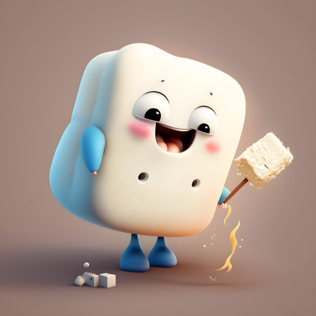 Cartoon character of chewing gum with sugar cubes on a brown backgroundの素材