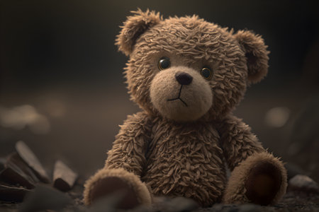 Teddy bear sitting on the ground in the forest. Toned.の素材