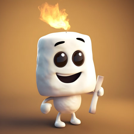 Cartoon marshmallow character with a burning candle on a brown backgroundの素材