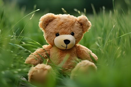 Teddy bear sitting in the green grass. close-up.の素材