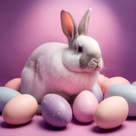 Rabbit and easter eggs on a pink background. Easter concept.の素材