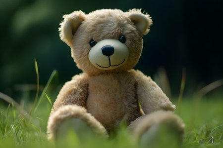 Teddy bear sitting on the grass in the garden, soft focusの素材