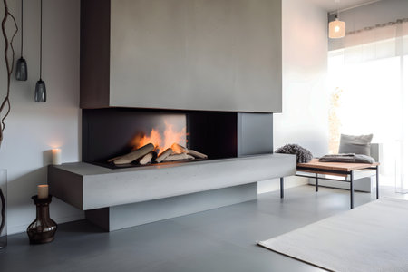 Modern living room interior with fireplace and armchair, nobody inside. nobody insideの素材