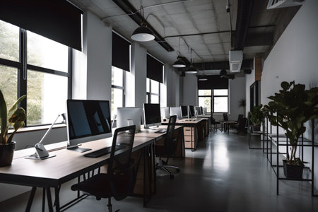 Contemporary coworking office interior with computers and plants. 3D Renderingの素材