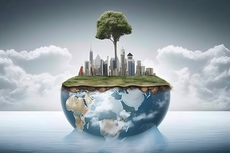 Ecology concept. Earth planet with tree and city on the backgroundの素材