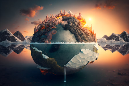3D render of a global warming concept with melting earth and melting iceの素材