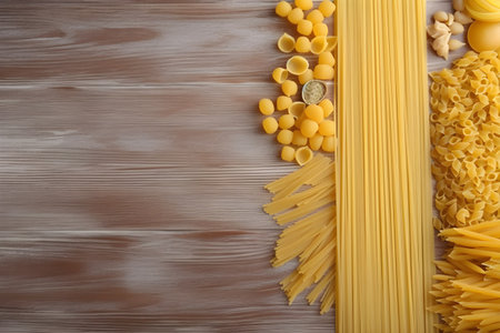 Different types of pasta on wooden background, top view. Space for textの素材
