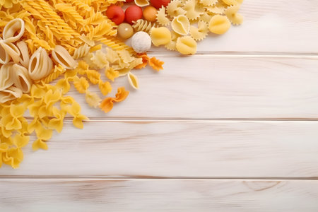 Variety of types and shapes of Italian pasta on white wooden backgroundの素材