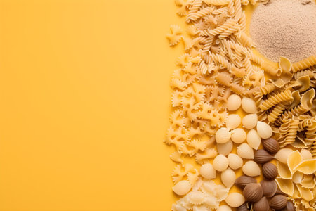 Variety of types and shapes of Italian pasta on a yellow backgroundの素材