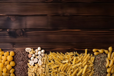 Different types of pasta on wooden background. top view with copy spaceの素材