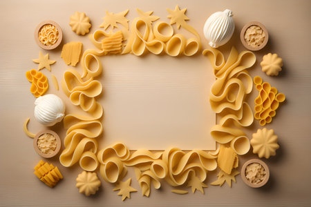 Frame made of different types of pasta on wooden background, top viewの素材