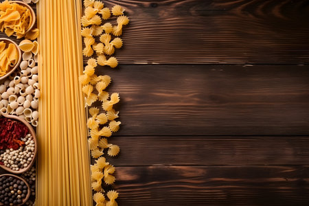 Variety of types and shapes of Italian pasta on wooden background. top view with copy spaceの素材