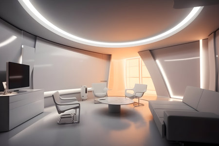 Interior of modern office with white walls, concrete floor, rows of white sofas and computer tables. 3d rendering mockupの素材