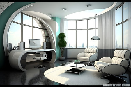 Interior of a modern living room with white walls, a concrete floor and a large window with a city view. 3d renderingの素材