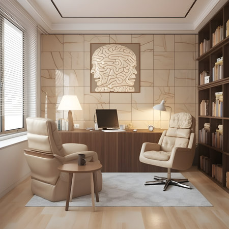 Interior of a modern office with a brown tiled wall, a wooden floor, beige armchairs and a laptop. 3d rendering mockupの素材