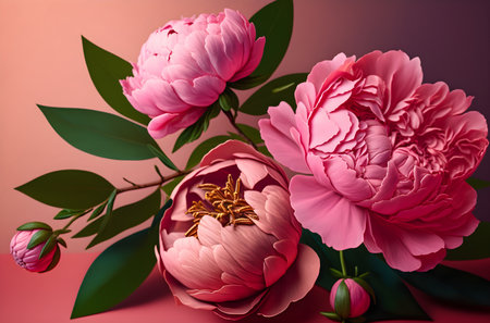 Peony flower bouquet on pink background. 3D illustration.の素材