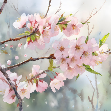 cherry blossom in spring time, watercolor painting on nature backgroundの素材