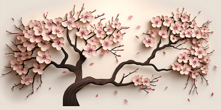Cherry blossom tree paper cut style background. vector illustration.の素材