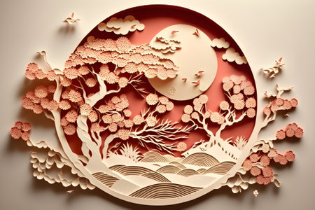 Paper cut of cherry blossoms and moon. 3D rendering.sakura treeの素材