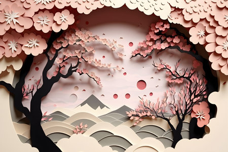 Paper art cherry blossom landscape background. 3D rendering illustration. sakura treeの素材