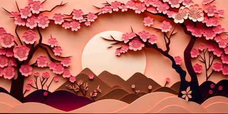 Paper art style cherry blossom tree landscape with full moon in paper cut style. sakura treeの素材