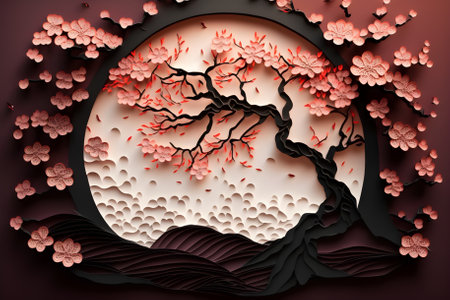 3d illustration of cherry blossom tree in red and black background Paper art style sakura treeの素材