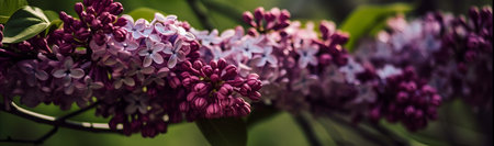 Branch of lilac flowers on a background of green leaves.の素材