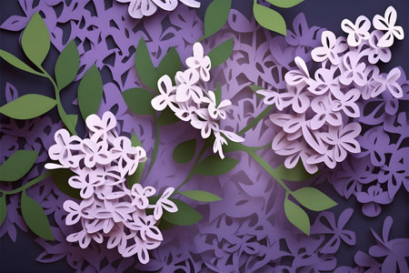 Paper art of lilac flowers with leaves on a purple background.の素材