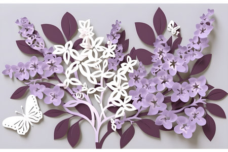 Lilac flowers with butterflies paper cut style. vector illustration.の素材
