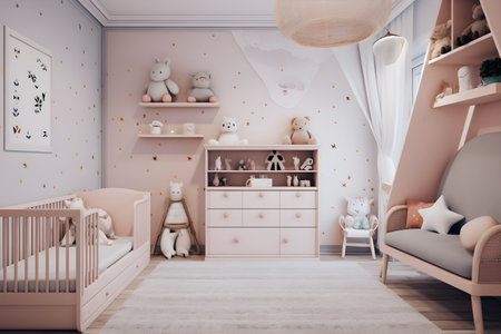 Interior of baby room with crib and toys. 3d renderingの素材