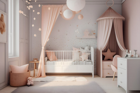 3d render of children's room interior with crib and pink bedの素材