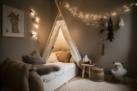 Children's room with a teepee in the style of bohoの素材