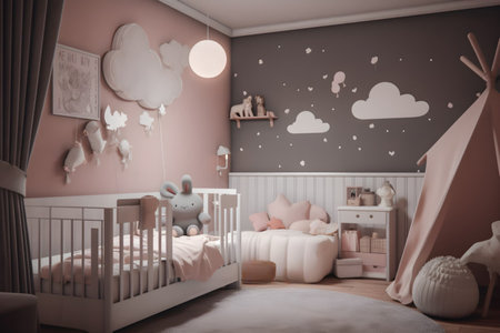 Children's room interior with a bed, a crib, toys, a lamp and a moon on the wall. 3d renderingの素材