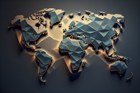 Low polygonal world map. 3d illustration, 3d renderingの素材