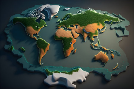 3d render of world map with continents in green color on dark backgroundの素材