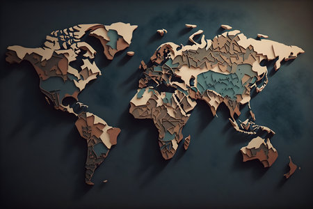 3D render of world map on dark background. 3D illustration.の素材