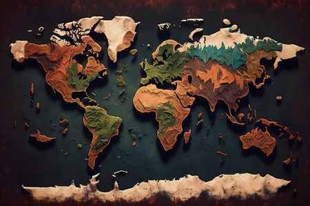 colorful world map with grunge textures and paint stains on itの素材