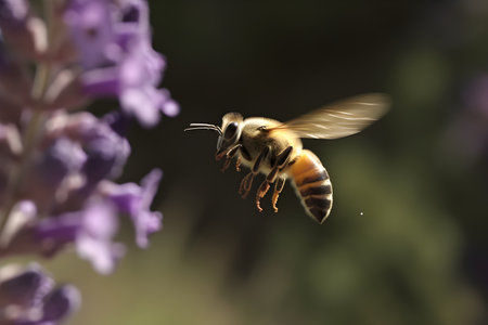 Bee flying on lavender flower in the garden. macro shot.の素材