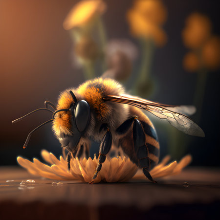 bee on yellow dandelion flower. 3d render illustration.の素材