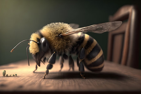 Bee on a wooden table in front of a window. 3d renderingの素材