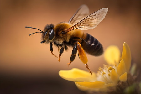 Macro of a bee on a yellow flower. Shallow depth of fieldの素材