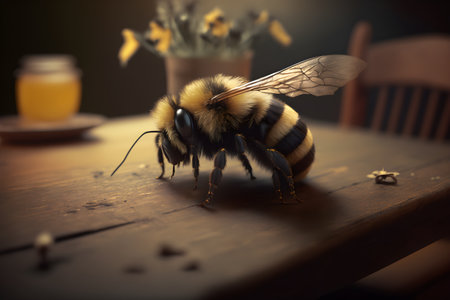 Bumblebee on a wooden table with vase of flowers.の素材