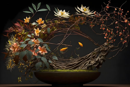 Bonsai with flowers and leaves in a pot on a black backgroundの素材