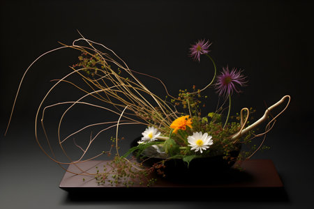 Flowers and herbs in a pot on a black background, studio shotの素材